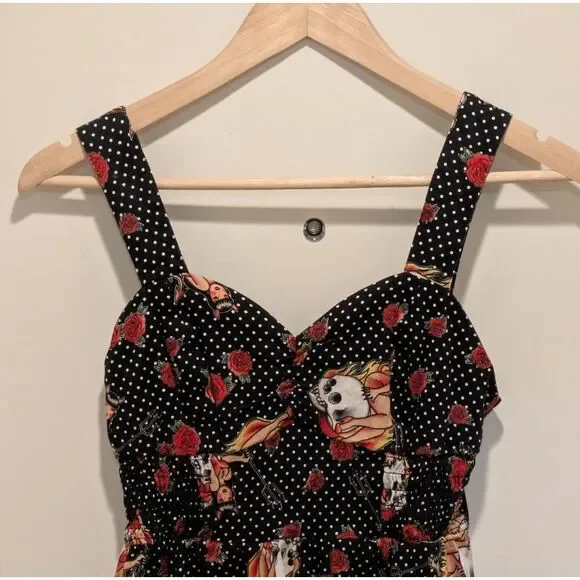 EUC Hot Topic 2013 S Cotton Rose and Flaming Skull Polka Dot Pinup Dress - Picture 2 of 4